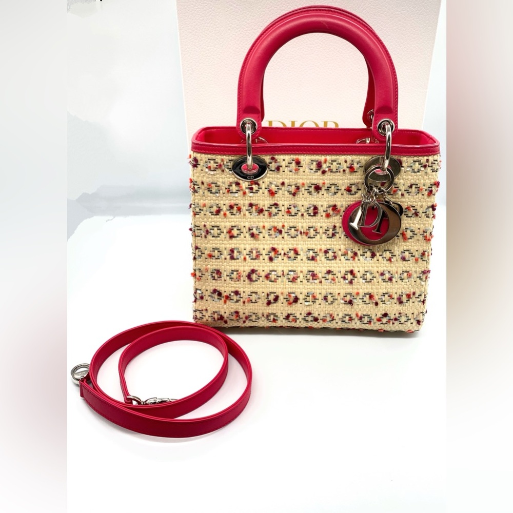 ⭐️CD⭐️Christian Dior Medium Pink Woven Raffia LADY DIOR